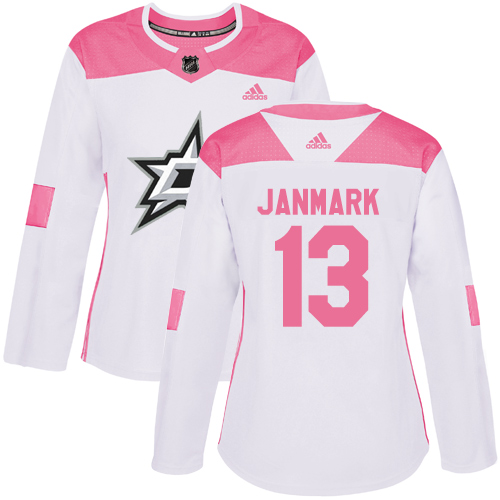 Adidas Stars #13 Mattias Janmark White/Pink Authentic Fashion Women's Stitched NHL Jersey - Click Image to Close